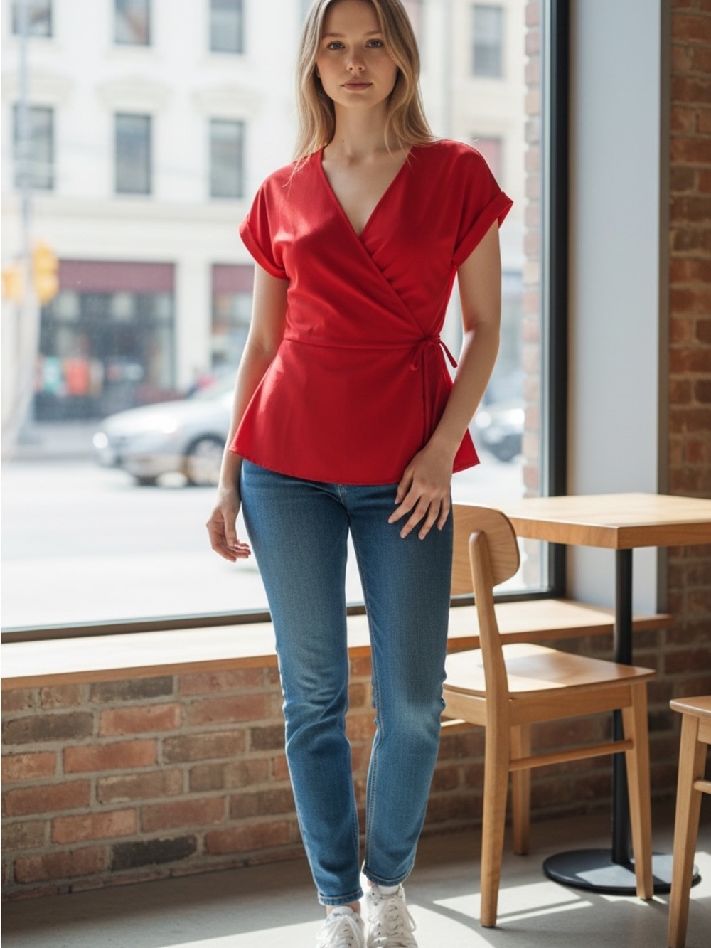 Monteau Red Wrap Short-Sleeve Blouse